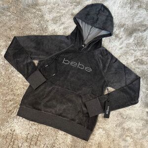 BEBE Grey Velour Silver Studded Logo Sweatshirt with Hood Size Large NWT